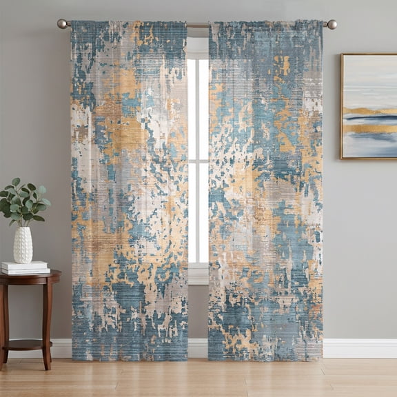 Beige Teal Copper Rust Sheer Curtains for Living Room Bedroom, Abstract Vintage Industrial Minimalist Light Filtering Sheer Curtain Rod Pocket Voile Window Treaments Drapes, 52 x 84 Inches