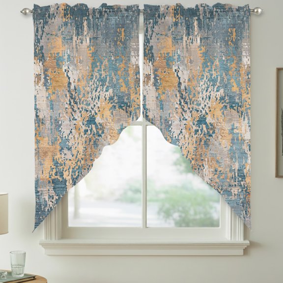 Beige Teal Copper Rust Swag Kitchen Curtain Valances, Abstract Vintage Industrial Minimalist Rod Pocket Curtains Window Treatment Decor Valances for Bedroom Bathroom, 2 Panels 36 x 36 Inch