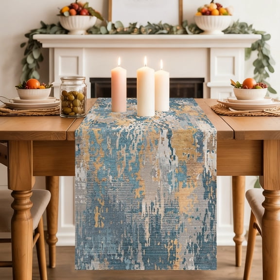 Beige Teal Copper Rust Table Runner 13x60 Inch Abstract Vintage Industrial Minimalist Cotton Linen Dining Table Runner Ideal for Dresser Kitchen Coffee Tables - Machine Washable