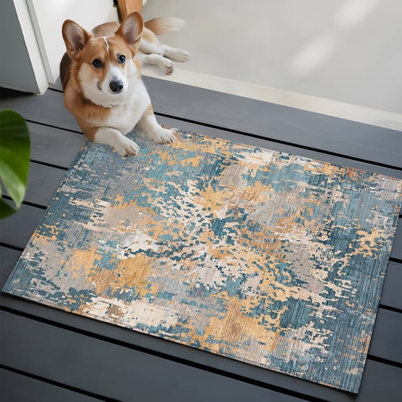 Beige Teal Copper Rust Washable Entry Rug 2x3 Abstract Vintage Industrial Minimalist Low-Profile Area Rugs with Non Slip Backing Indoor Floor Carpet for Entrance Living Room Bedroom Home Office