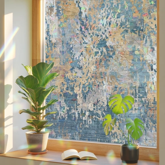 Beige Teal Copper Rust Window Privacy Film, Abstract Vintage Industrial Minimalist Stained Glass Rainbow Film Decorative Window Clings, Static Cling Sun Blocking Stickers 23.6" x 59"