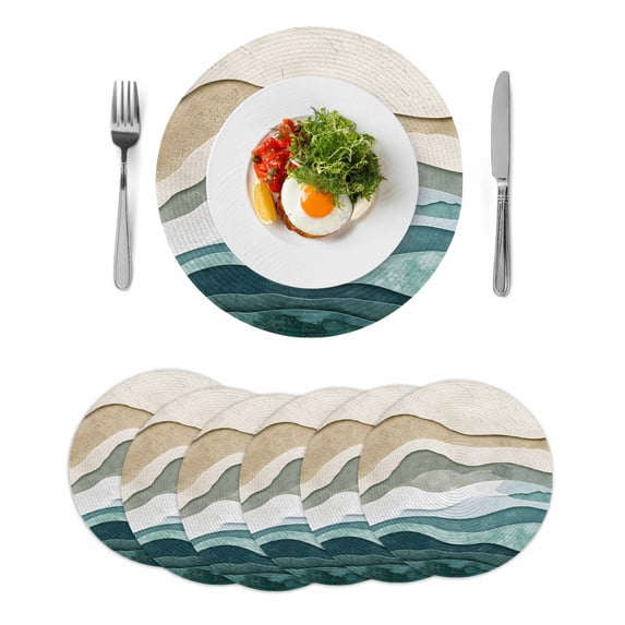 Beige Teal Ombre Round 13 Inch Placemats Set of 6, Modern Geometric Aesthetics Abstract HeatResistant Non Slip Place Mats for Dining Table, Wipeable Braided Kitchen Table Mats for Housewarming