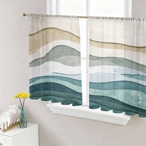 Beige Teal Ombre Semi Sheer Window Curtains 45 Inches Long, Modern Geometric Aesthetics Abstract Rod Pocket Voile Silky Chiffon Curtain Light Filtering Drapes for Living Room, 52"x45", 2 Panels