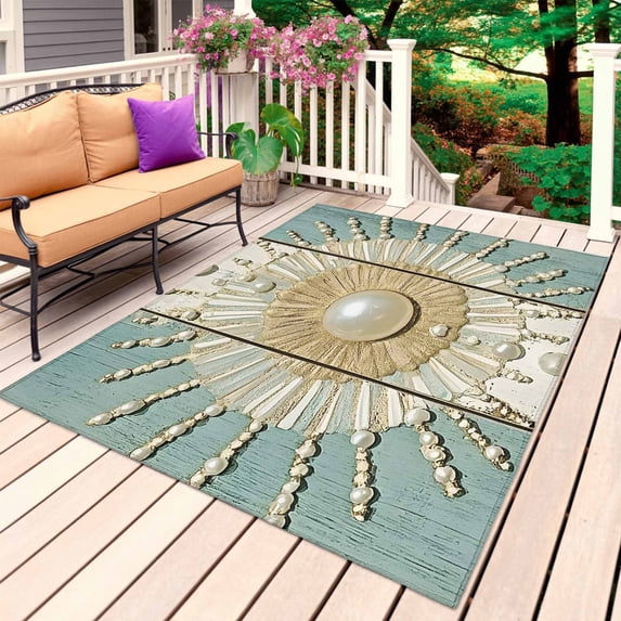 Beige Teal Retro Art Outdoor Rug 5x8 Ft, Non Slip Washable Area Rug, Vintage Abstract Art Wooden Patio Rugs Carpet Runner, Large Floor Mat for Indoor/Outdoor Deck Porch Camping