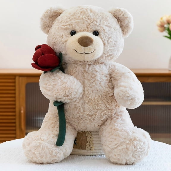 Beige Teddy Bear Stuffed Animal with Red Rose, Soft Plush Bear for Romantic Gift & Home Decor
