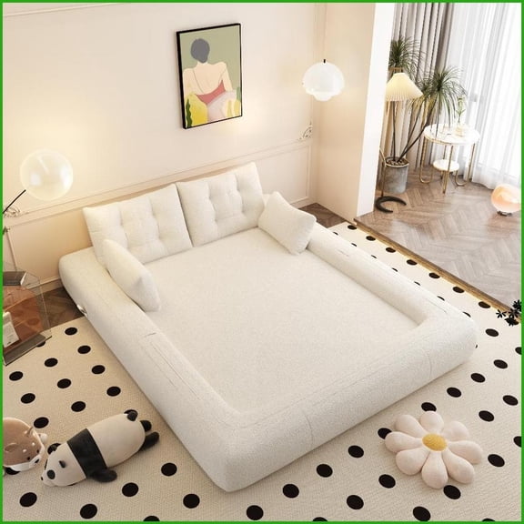 Beige Teddy Fabric 3-in-1 Foldable Sofa Bed - 78.7" Multi-Functional Sleeper for Living Room & Guest Room