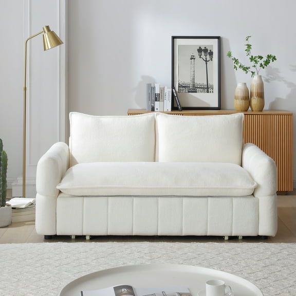 Beige Teddy Fabric 3-in-1 Sleeper Sofa Couch Bed - Modern Convertible Pull Out Chaise Sofa for Living Room, Apartment, Dorm - Soft Foam, Metal Frame, 2-Seater