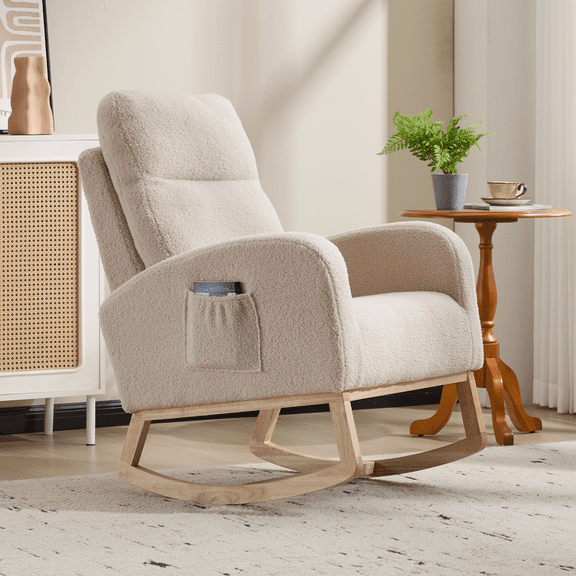 Beige Teddy Upholstered Modern Accent Rocking Chair - Solid Wood Legs, Nursery Glider with High Backrest & Side Pocket
