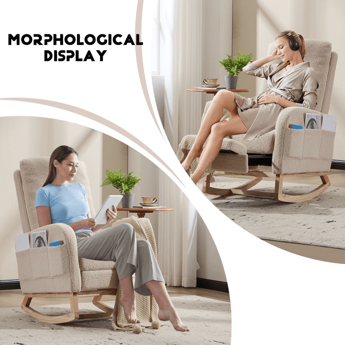 Beige Teddy Upholstered Nursery Glider Rocking Chair with Solid Wood Legs, High Backrest, Footrest & Side Pocket, Modern Accent Lounge Arm Chair for Living Room/Nursery (300 LBS Capacity)
