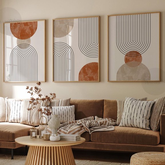 Beige Terracotta Geometric Prints Set Of 3, Mid Century Rainbow Line Boho Wall Art