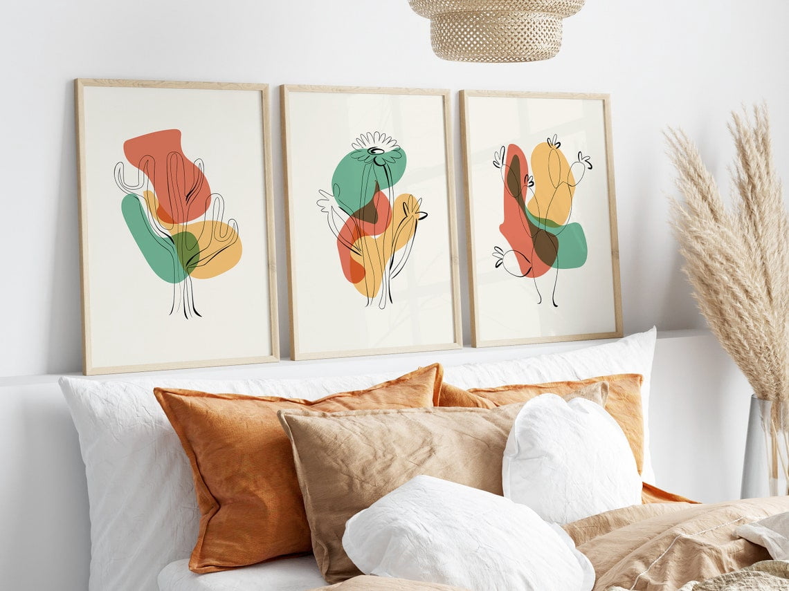 Beige Terracotta Sage Floral Line Wall Art Print Set, Mid Century ...