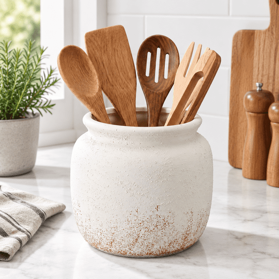 Beige Textured Ceramic Kitchen Utensil Holder 8.43 x 8.03 x 7.99 Inches