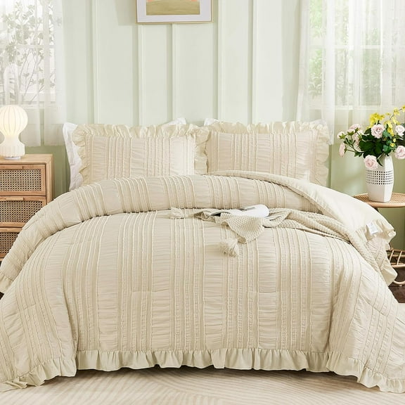 Beige Textured Comforter Set Queen,3 Pieces Ruffle Farmhouse Shabby Chic Comforter for Queen Bed,Soft Seersucker Boho Bedding Set with 1 Ruffle Comforter,2 Tufted Pillowcases 90"90"