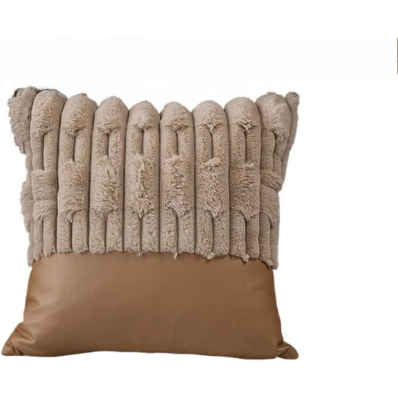 Beige Textured Stripe Patch Pillow Cover 1818 Inch Faux Leather & Plush Stripe Decorative Cushion Case, Cozy Modern Sofa Pillow Cover, Cover Only