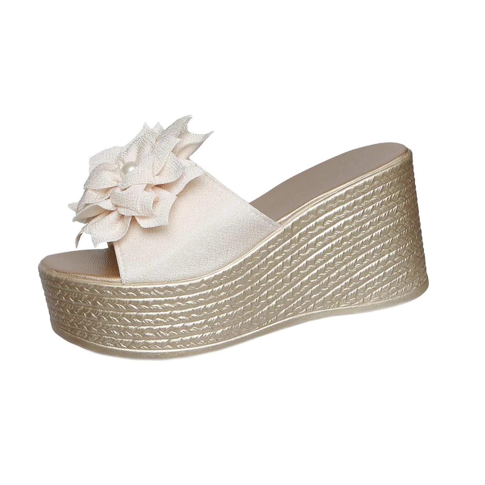 Beige Thick Bottom Floral Wedge, Ladies' Summer Peep Toe Solid Color ...