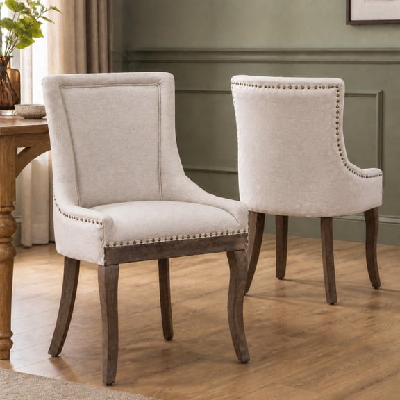 Beige Thickened Fabric Dining Chairs Set of 2, Kitchen & Dining Room Chairs Set of 2, Upholstered Dining Chairs, Solid Wood Frame (Beige, 2 Pcs)