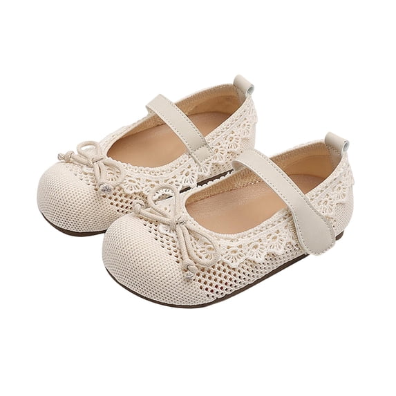 Beige Toddler Girls Lace Bow Mary Jane Flats Soft Sole Rhinestone Buckle Dress Shoes For Spring