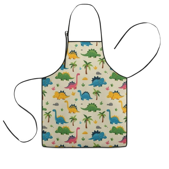 Beige Toned Dinosaur and Palm Tree Pattern Kids Aprons for Girls and Boys,Adjustable Neck Strap Toddler Aprons for Kids Cooking Baking