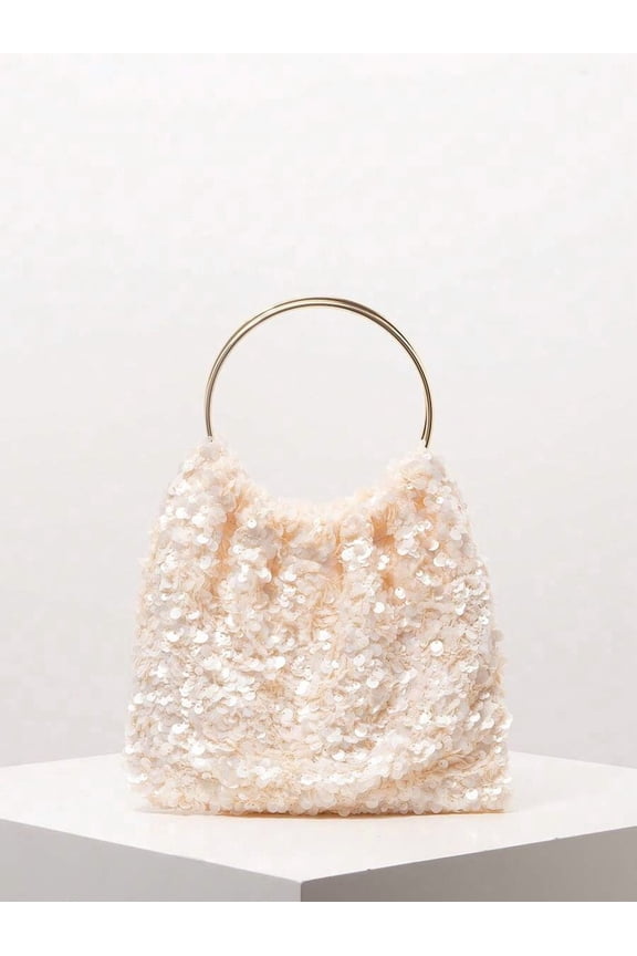 Beige Top Handle Evening Handbag With Gold-Tone Ring Handle