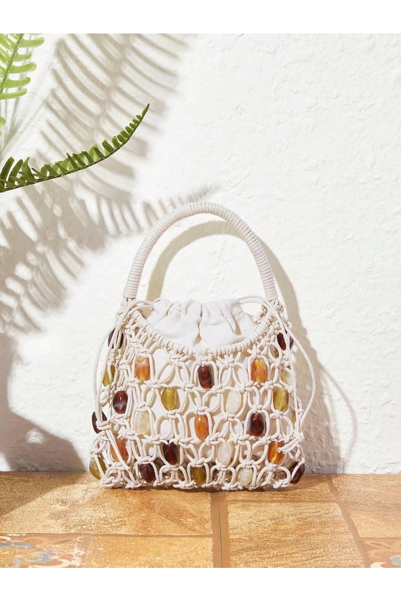 Beige Top Handle Handbag With Resin Bead Embellishments, Mini Size