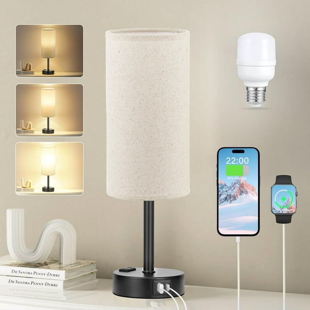 Beige Touch Table Lamp for Bedroom 3 Way Dimmable Bedside Lamp USB C