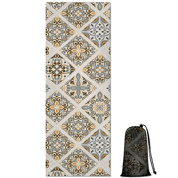 Beige Traditional Geometric Pattern Hot Yoga Mat Towel Non Slip for Hot Yoga - Quick-Drying Yoga Mat Cover with 4 Corner Pockets with Travel Bag - Hot Yoga Towel Non Slip 70"x26"