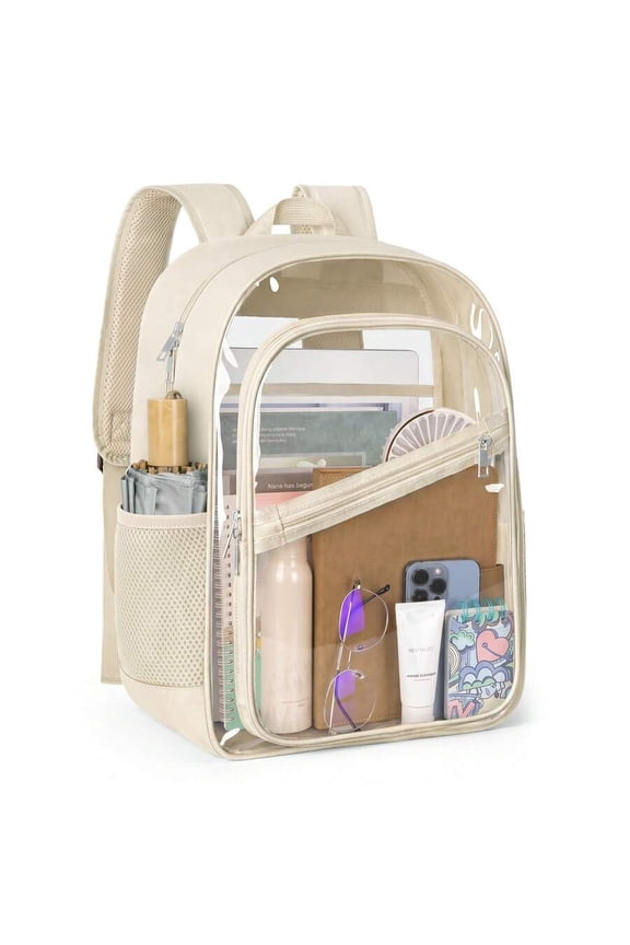 Beige Transparent PVC Backpack With Large Capacity And Organizer Pockets