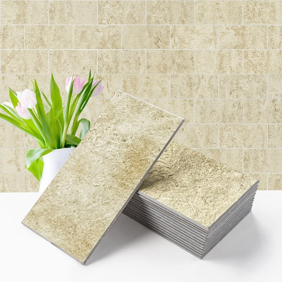 Beige Travertine 100-piece PVC Subway Decorative Wall Panels for Kitchen Bathroom Laundry Room