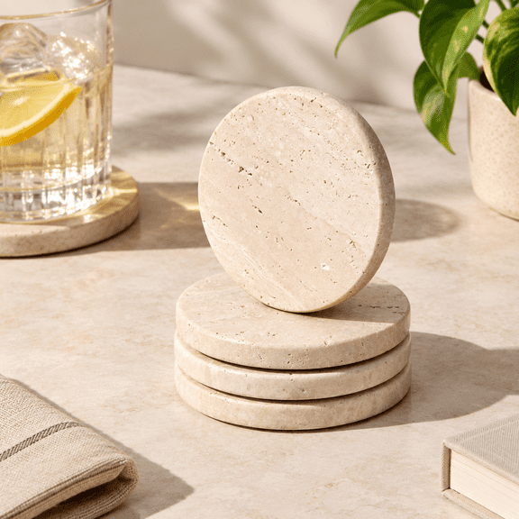 Beige Travertine Coaster Set of 4, Absorbent Marble Stone Drink Coasters for Countertops