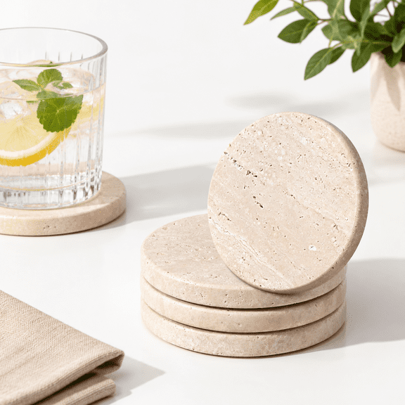 Beige Travertine Coaster Set of 4, Absorbent Marble Stone Drink Coasters for Countertops