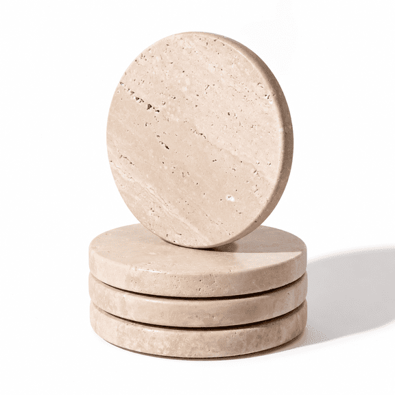 Beige Travertine Coaster Set of 4, Absorbent Marble Stone, Protects Countertops