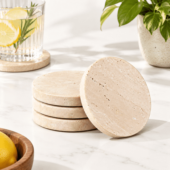 Beige Travertine Coaster Set of 4, Absorbent Marble Stone, Protects Surfaces