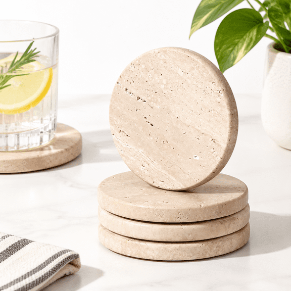 Beige Travertine Coaster Set of 4, Absorbent Marble Stone, Protects Surfaces