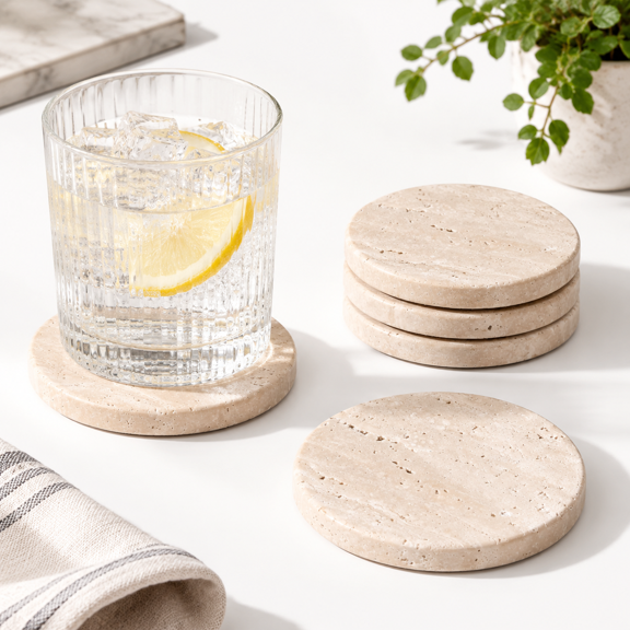 Beige Travertine Coaster Set of 4, Absorbent Marble Stone for Countertop Protection
