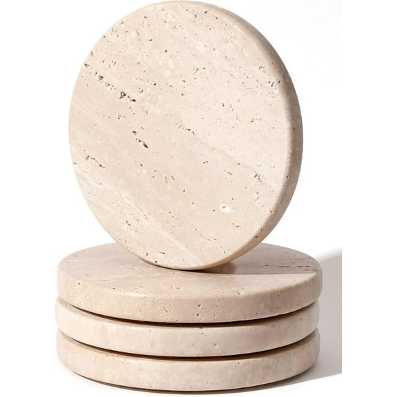 Beige Travertine Coasters Set of 4,Marble Absorbent Coasters 4 '',Ideal for Housewarming Gifts, Anniversaries, Office Decorations - Protects countertops - Sturdy and Durable, Beautiful and Generous