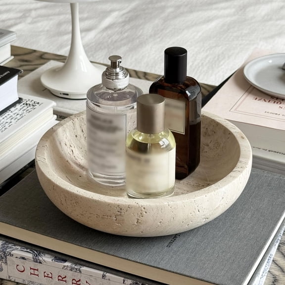 Beige Travertine Decorative Bowl, Handmade Stone Fruit Catchall for Entryway Kitchen Counter