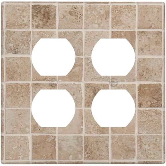 Beige Travertine Mosaic Marble Tile Pattern Outlet Covers 2 Gang Double Duplex Decorative Light Switch Covers Electrical Wallplates Socket Faceplate for Bathroom Kitchen Farmhouse Decor