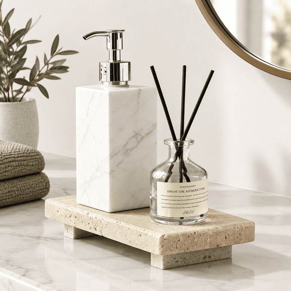 Beige Travertine Pedestal Stand Riser For Soap Dispenser And Decor