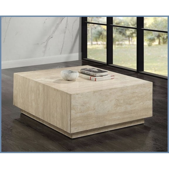Beige Travertine Square Coffee Table - Durable Fixed Top for Living Room, Natural Stone Charm