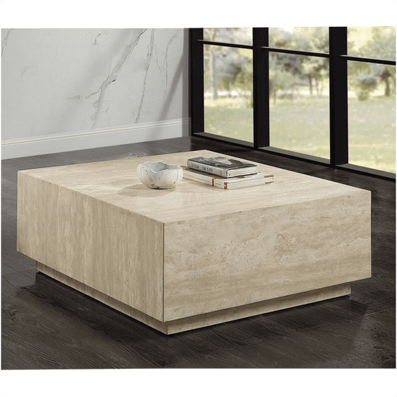 Beige Travertine Square Coffee Table, Modern Plywood Accent Table for Living Room