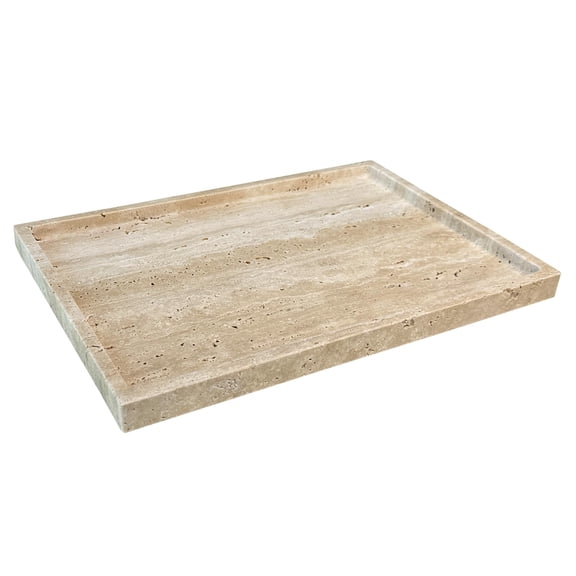Beige Travertine Stone Serving Tray, Rectangle Decorative Dish for Coffee Table, Bathroom Vanity
