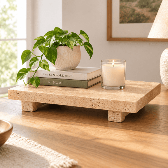 Beige Travertine Vanity Riser Tray 9.84 In for Soap Perfume and Decor