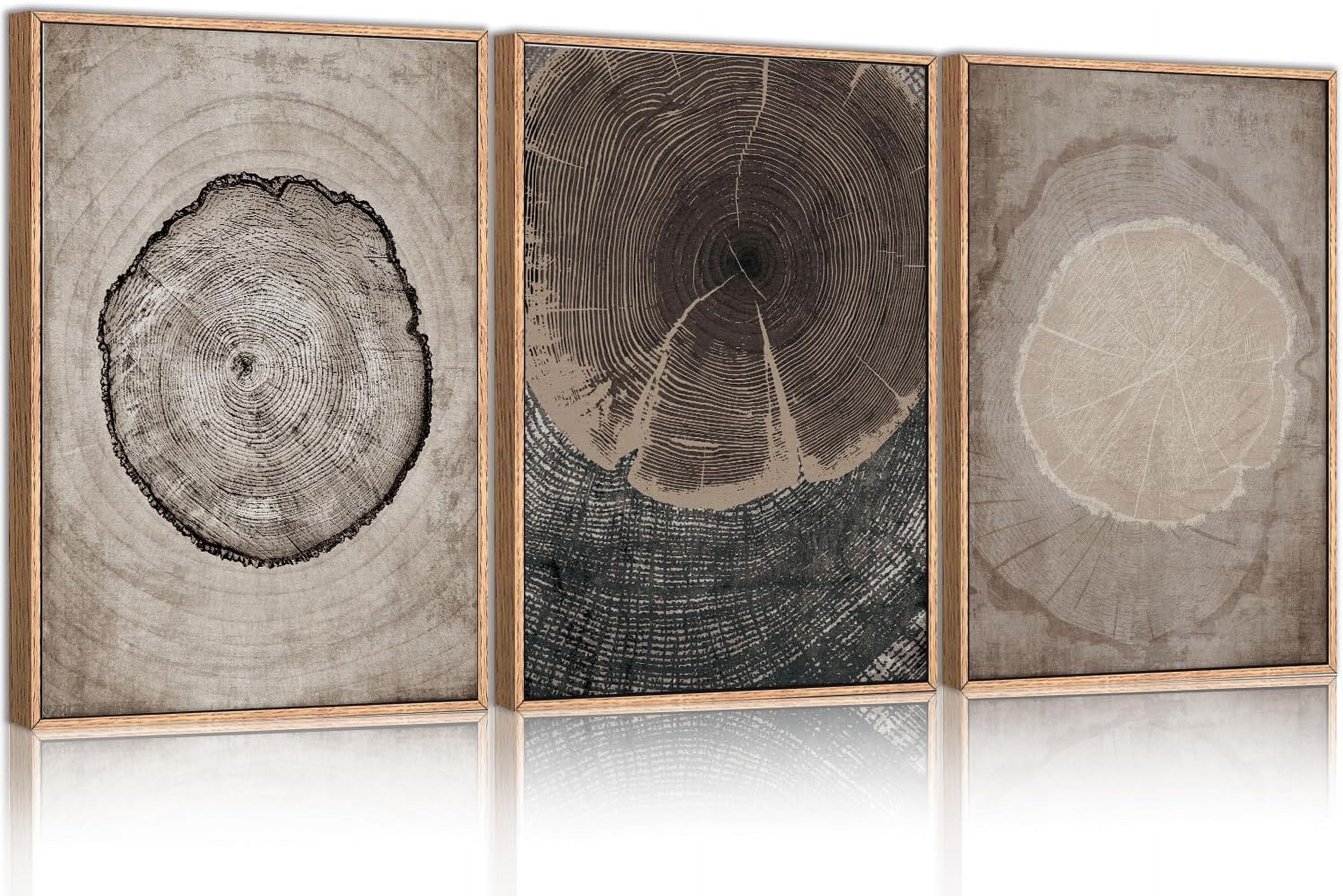 Beige Tree Ring Framed Canvas Wall Art Set, Modern Wood Stump Wall Decor, Abstract Black and White Wall Painting, Neutral Nature Art Print for Living Room, Bedroom, Office - 16"x24"x3