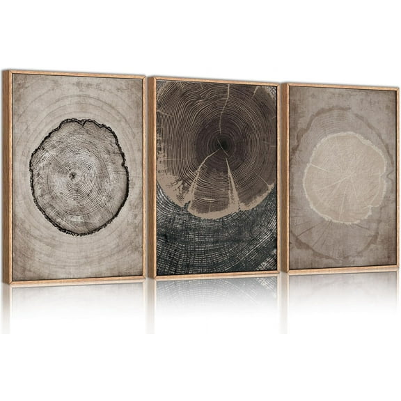 Beige Tree Ring Framed Canvas Wall Art Set, Modern Wood Stump Wall Decor, Abstract Black and White Wall Painting, Neutral Nature Art Print for Living Room, Bedroom, Office - 16"x24"x3