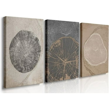 Beige Tree Ring Wall Art, Pastel Gray Artwork,Minimalist Wall Art-16"x24"x3 Panels,Large Modern Art Wood Spirals Nature Drawings Abstract Modern Print Wall Decor for Living Room Bedroom Office
