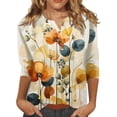 thumbnail image 1 of Beige Trendy Tops for Women 2024, 3/4 Sleeve Fashion Womens Clothing 2024, Work Polyester Spring Tops for Women 2024, Women's Fashion Button Up Three Quarter Sleeve T Shirt Printed Top, 1 of 5