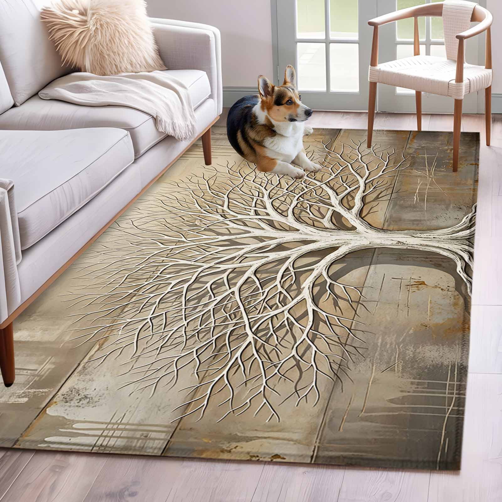 Abstract Tree Rug Beige Trunk Area Rug, Minimalist Abstract Tree Branches 3D Relief ...