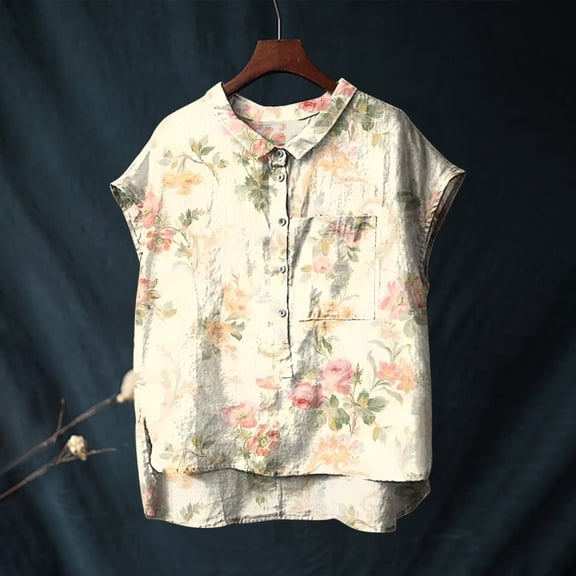 Beige Tshirts for Women Cute Tops for Women Collar Non Sleeve Linen Shirts Plus Size Floral Blouses Casual Summer Clothes Summer Tops