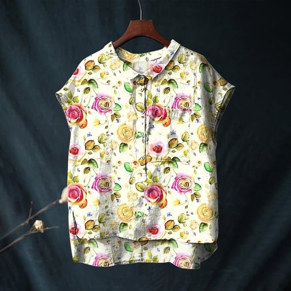 Beige Tshirts for Women Cute Tops for Women Collar Non Sleeve Linen Shirts Plus Size Floral Blouses Casual Summer Clothes Summer Tops