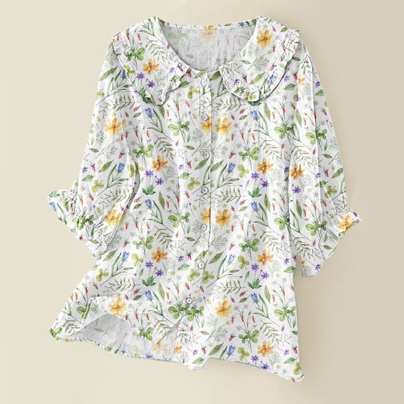 Beige Tshirts for Women Vintage Floral Art Print Collar Half Sleeve Blouses Summer Tops